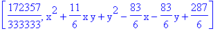 [172357/333333, x^2+11/6*x*y+y^2-83/6*x-83/6*y+287/6]